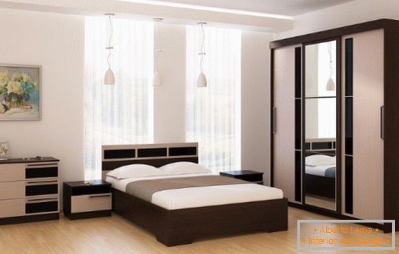 Модерен дизайн на гардеробите на отделението в спалнята - два цвята и огледало