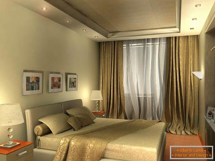 Светло бежовата спалня в стила на високите технологии изглежда просторна благодарение на добре подбраното осветление.
