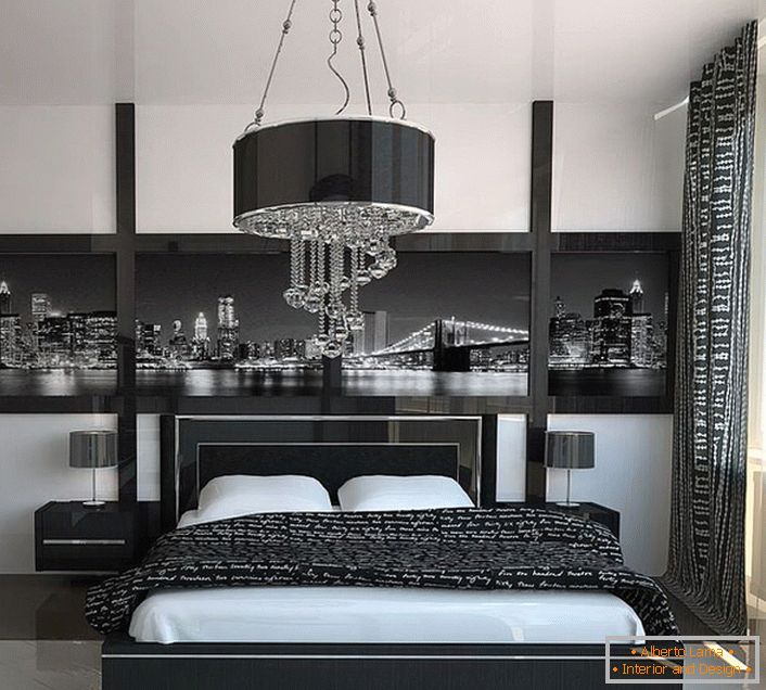 Геометрична строгост и строгост в дизайна на спалнята в стила на високите технологии.