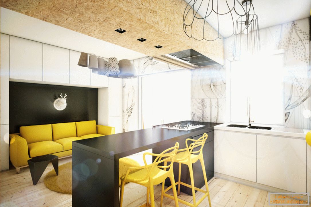 Комбинацията от жълто във вътрешността на малък апартамент
