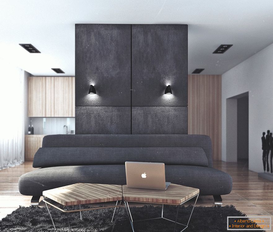 Комбинацията от черно и дърво в дневната в апартамент за успешен бакалавър в Русия
