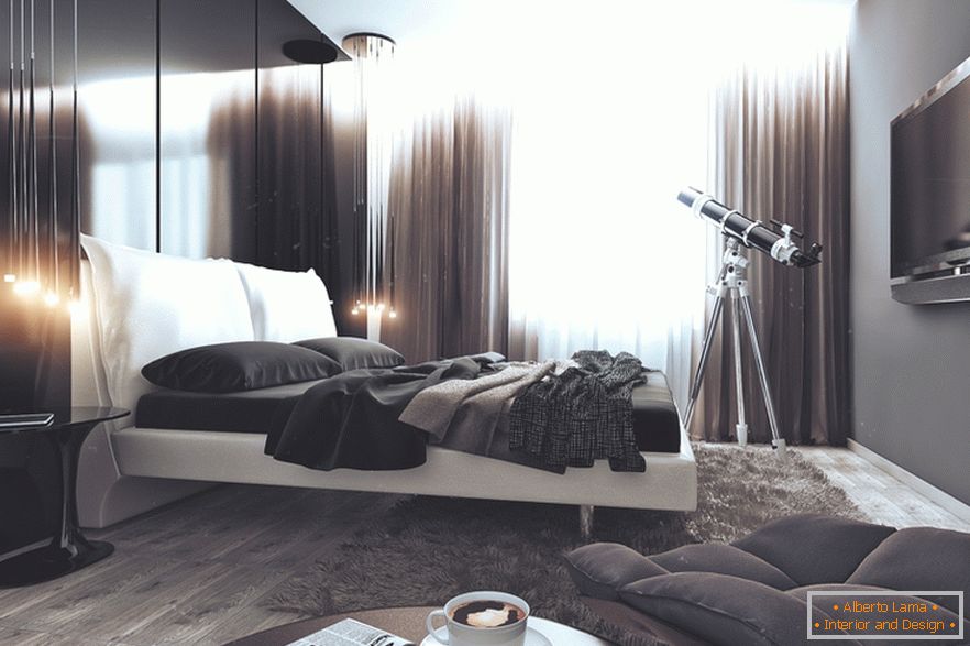 Спалня в черно и бяло в апартамент за успешен бакалавър в Русия