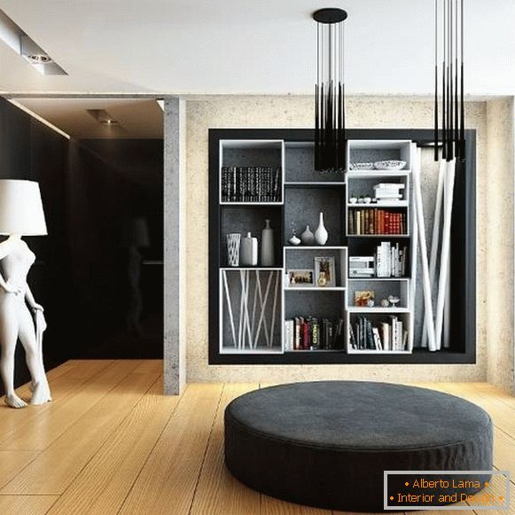 Стилен стенен шелф в дизайна на всекидневната