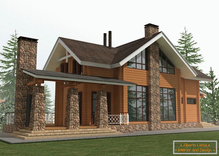 Проектът за селска къща в стил хижа се основава на използването й за изграждане на дървена рамка и естествен камък.