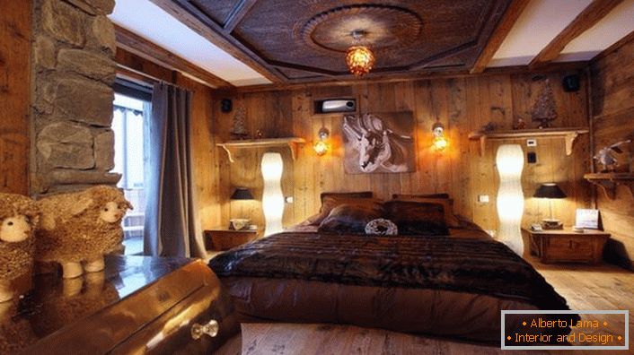 Луксозна спалня в стила на хижата ви позволява да се отпуснете в