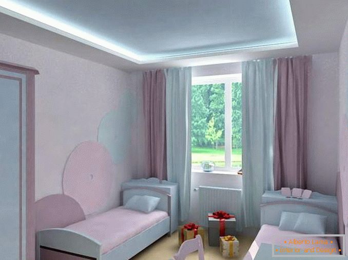 Интериор на детска стая с две детски легла в дизайна на двустаен апартамент
