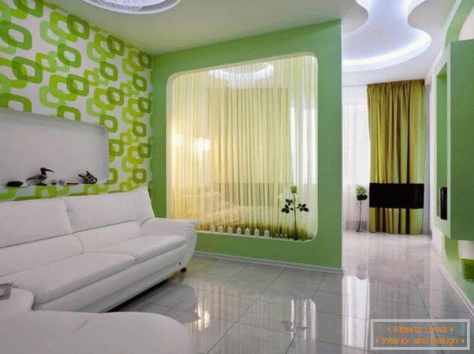 Озеленяване на спалня и хол в дизайна на двустаен апартамент с детска стая