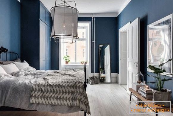Снимки на спалнята в модерен стил и син цвят