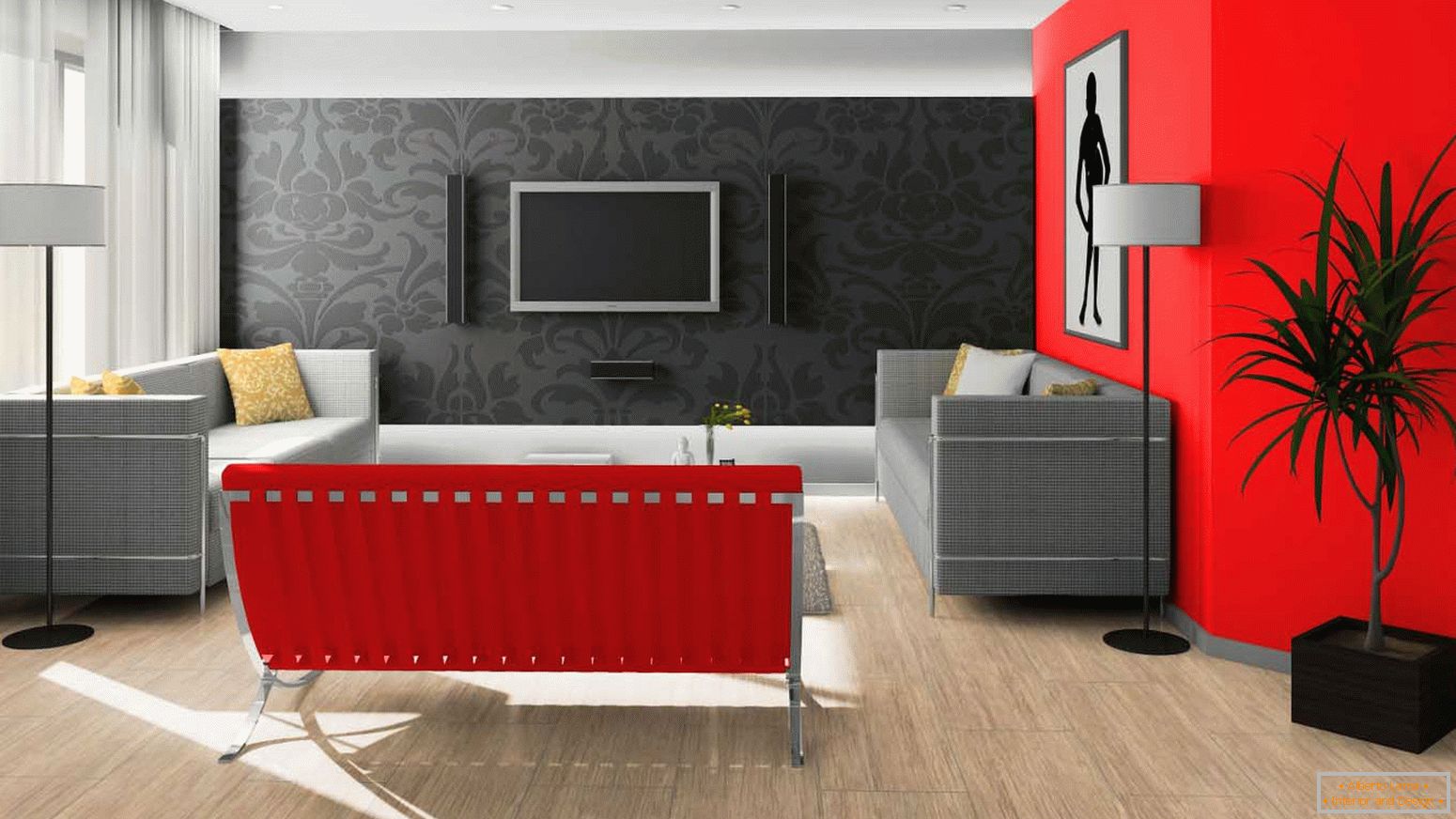 Черно и червено в дизайна на всекидневната