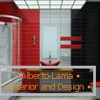 Интериор в банята в червено, черно и сиво