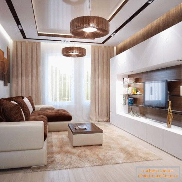 Модерен дизайн на залата в апартамента в белом и коричневом цвете