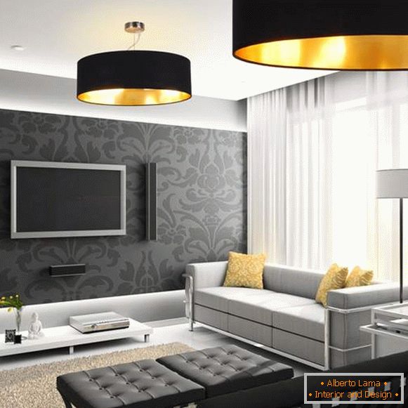 Модерен дизайн на залата в апартамента в черно-белом цвете