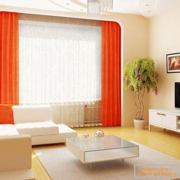 Дизайнът на залата в апартамент в бяло с оранжев декор