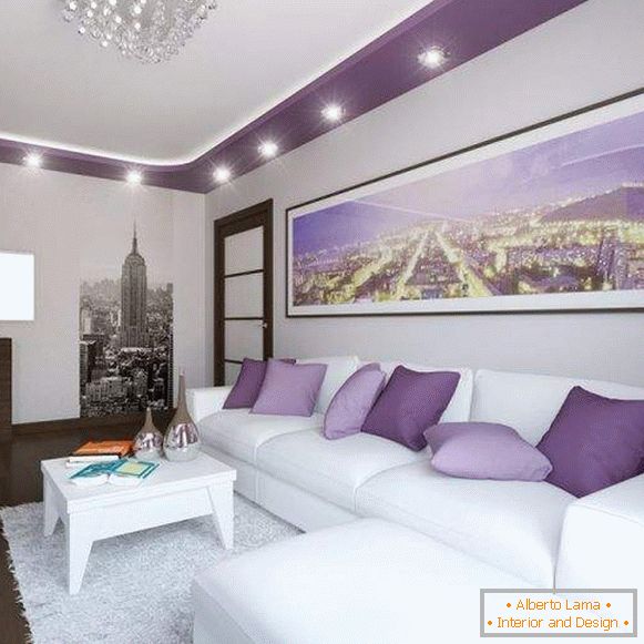 Модерен дизайн на залата в апартамента в белом и фиолетовом цвете