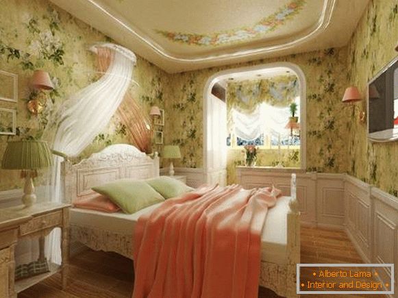 Комбинацията от цветове във вътрешността на спалнята Прованс - завеси и тапети