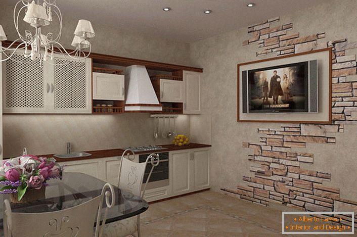Дизайн за проектиране на малка кухня в стила на страната. Светлите цветове на мебелите в контраст с тъмно кафявия плот и висящите рафтове правят кухнята визуално по-просторна. Интересна е и декорацията на стената с помощта на естествен камък.