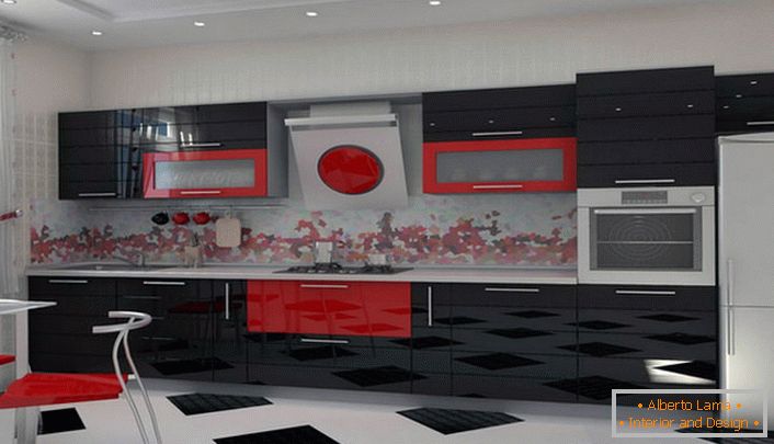 Комбинацията от богато червено и контрастно черно е идеална за декориране на кухнята в стила на Арт Нуво.