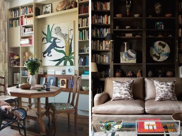 Рафтове с книги и декор в дизайна на хола