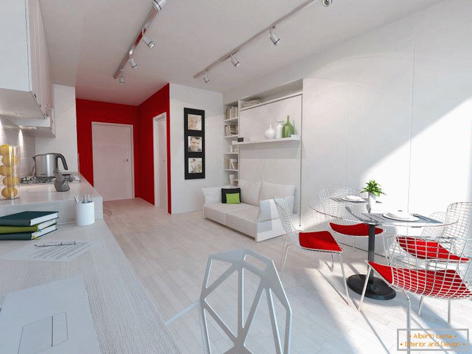 Бял интериор на малък апартамент с червени акценти
