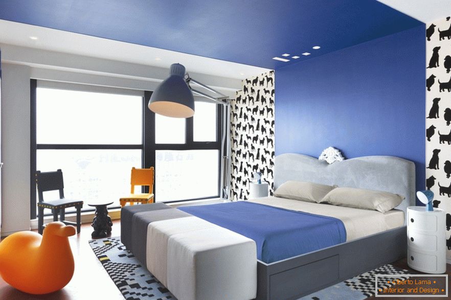 Синя спалня на стилен студиен апартамент в Пекин