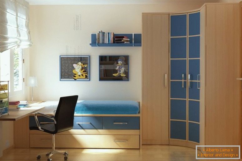 симпатичен акцент-модерни-малки двустайни стена цвята-с участието-единично легло-който-е-складови чекмеджета-свързани-с-ъгъл-извита-дървен гардероб