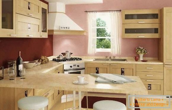 Интериорът на ъгловата кухня с бар-брояч - снимка в бежови и розови тонове