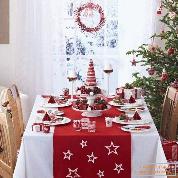 Декор на масата за Нова година със собствените си ръце в червени и бели цветове
