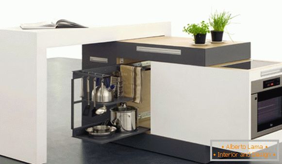 Интериорът на една много малка кухня: мобилен кухненски комплект
