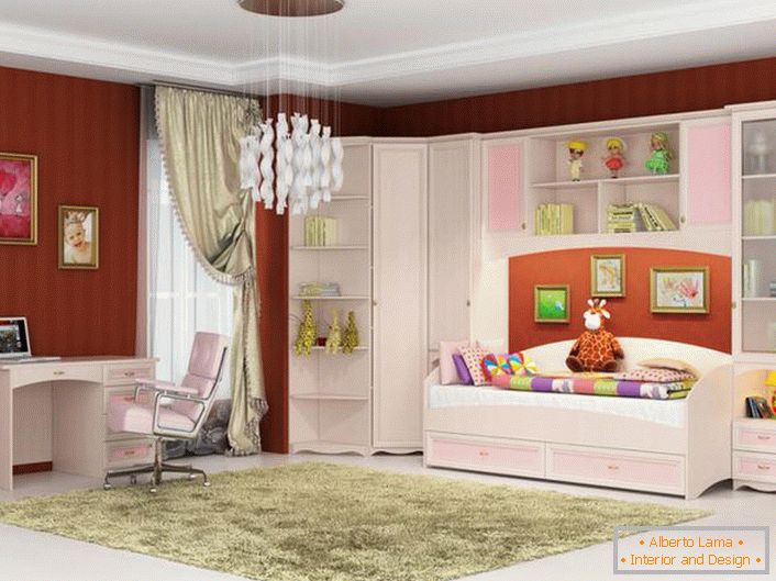 Стилна стая за млад модалист. Модулните мебели за деца са направени в розов и бял цвят - това, от което се нуждаете за момиче.