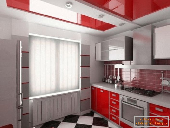 Червени опънати тавани - добър избор за кухнята с червен комплект.