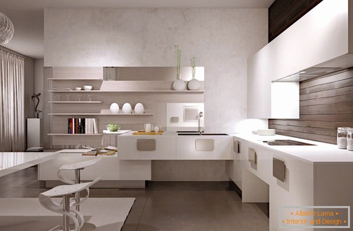 Кухненският салон в стила на минимализма не само изглежда привлекателен, но и функционален и практичен.