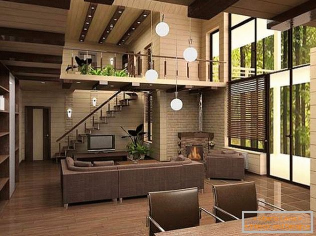 Интериорен дизайн на дървена къща от бар - снимка вътре