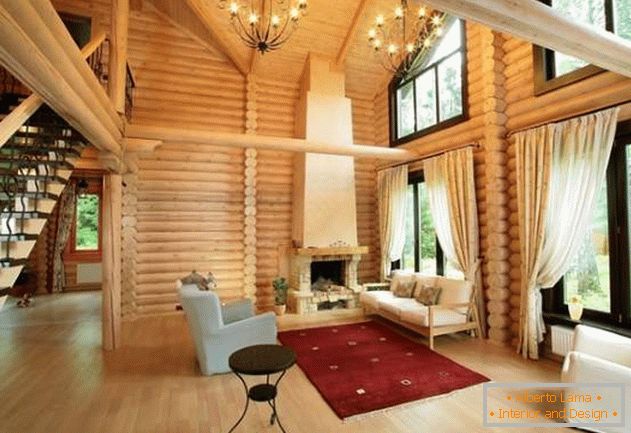Интериорен дизайн на дървена къща от дървени трупи
