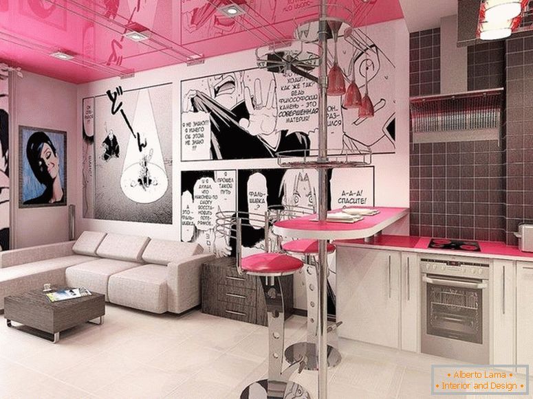 Розов таван в интериора в стила на поп арт