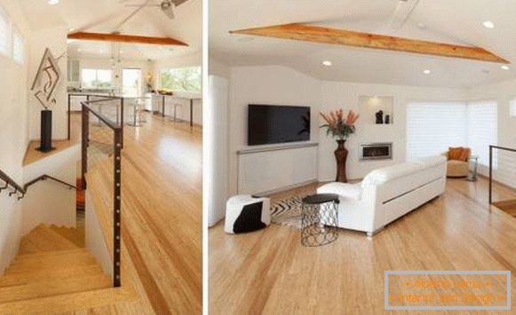 Дизайн на таванския етаж - снимка на комбинираната кухня на хола