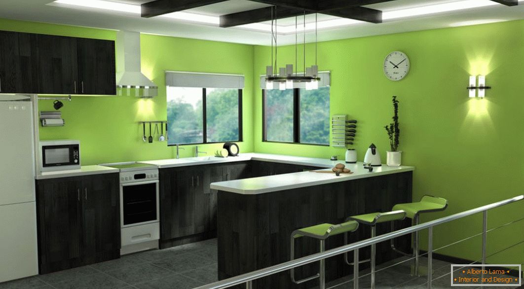 Зелена кухня с черни мебели