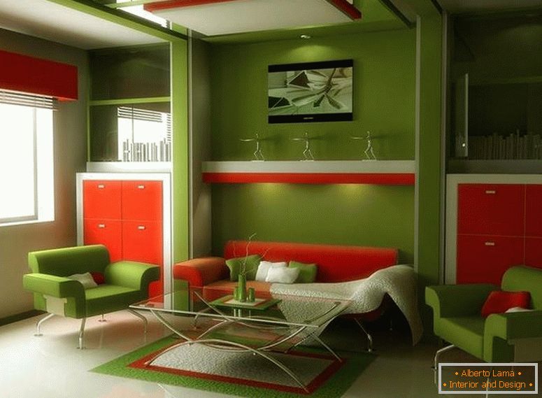 Зелен интериор с оранжеви мебели