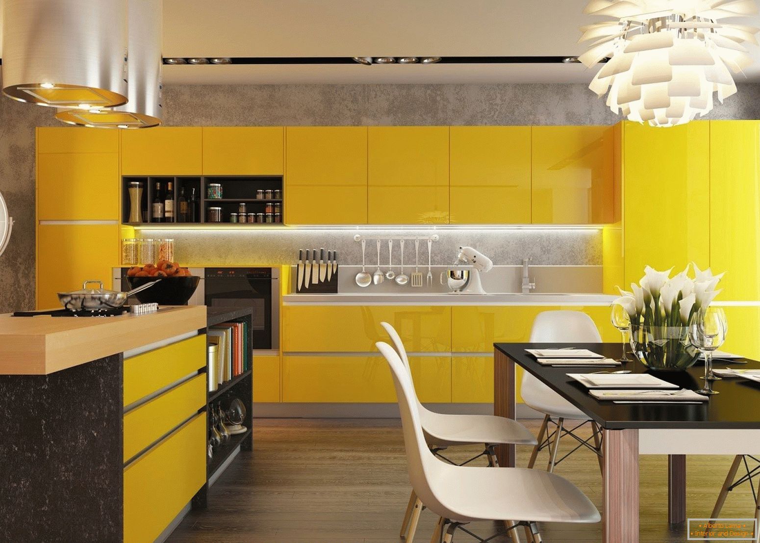 Кухня с жълти фасади и черна маса