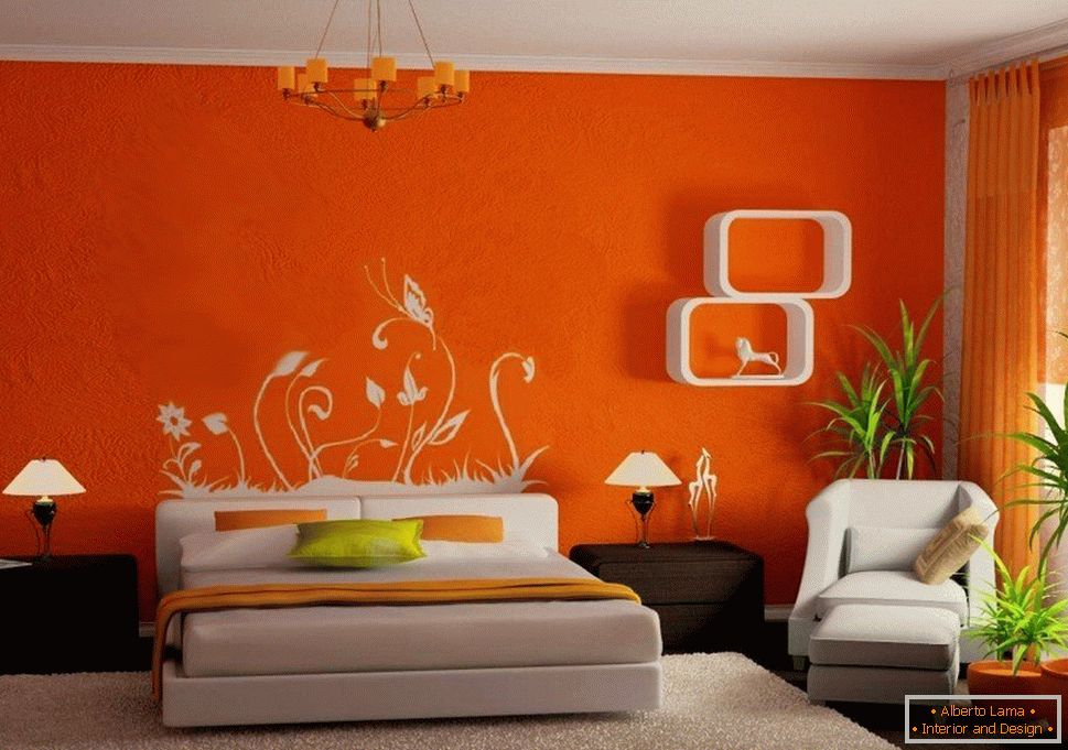 Комбинацията от оранжеви стени и бели мебели