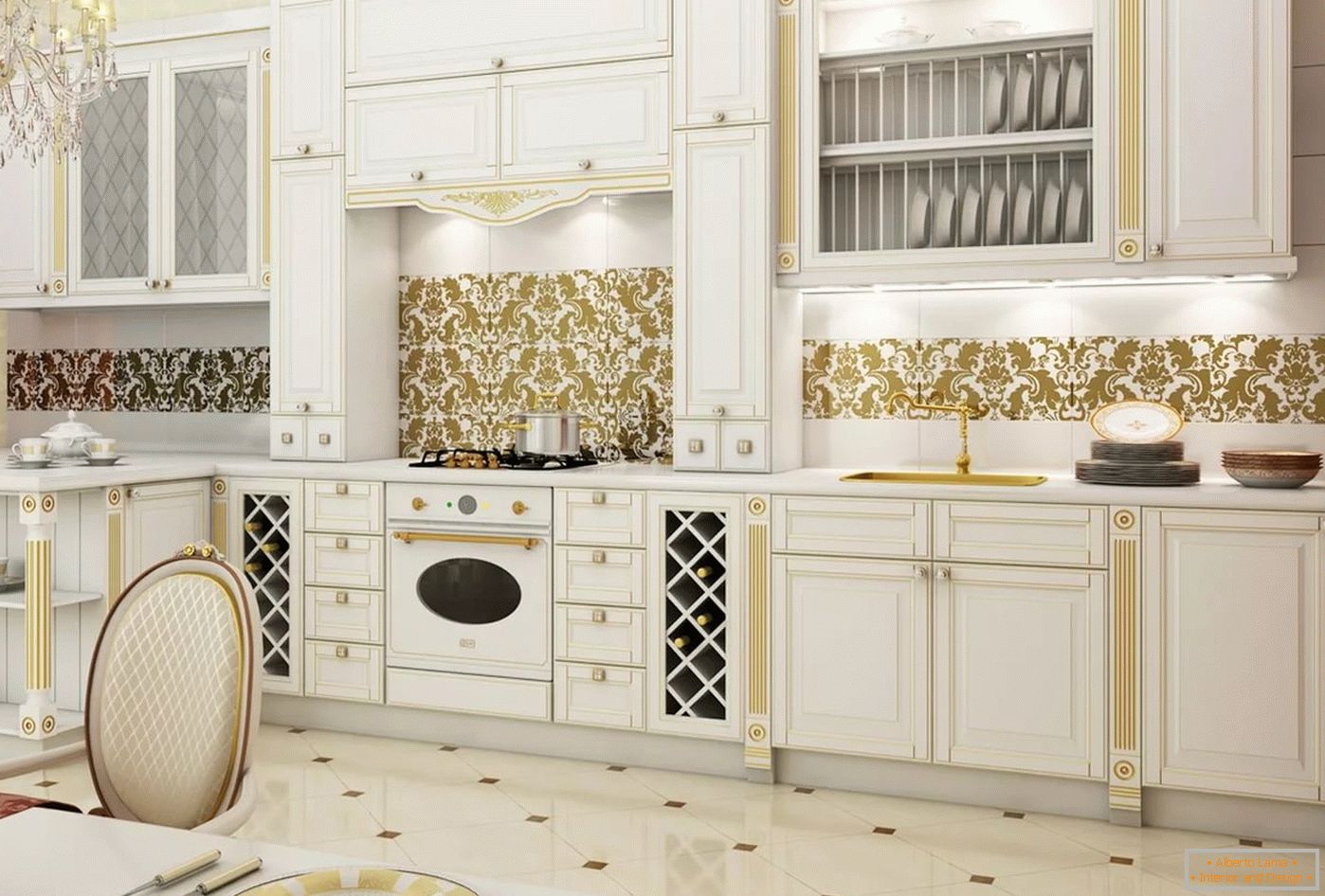 Бяло и златно в интериора и дизайна на кухнята