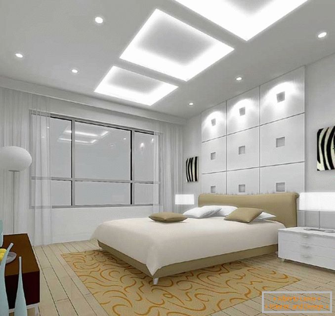 Вградено осветление и лампи върху нощни шкафчета в спалнята