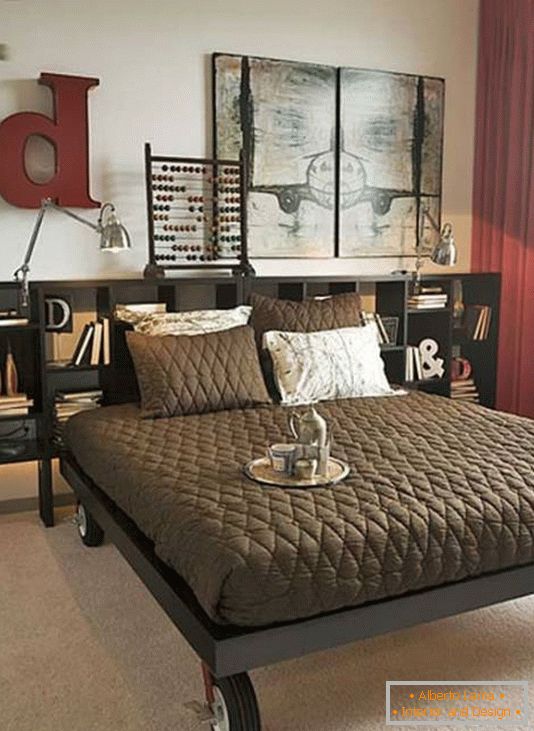 Необичайна дизайна на спалнята със стилни рафтове
