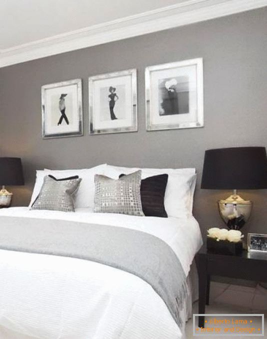 Дизайн на спалнята в сиви и черни тонове