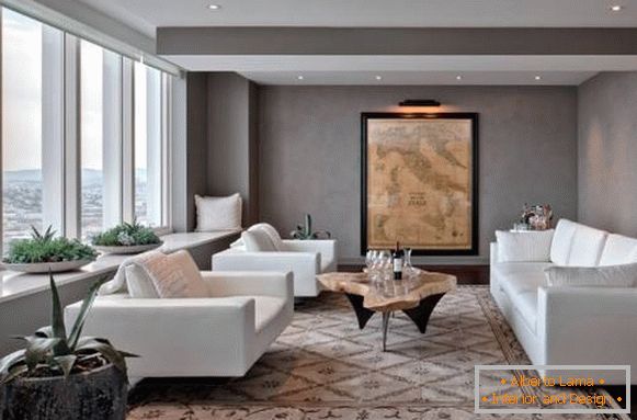 Дизайнът на хола с бели мебели - снимка със сиви стени