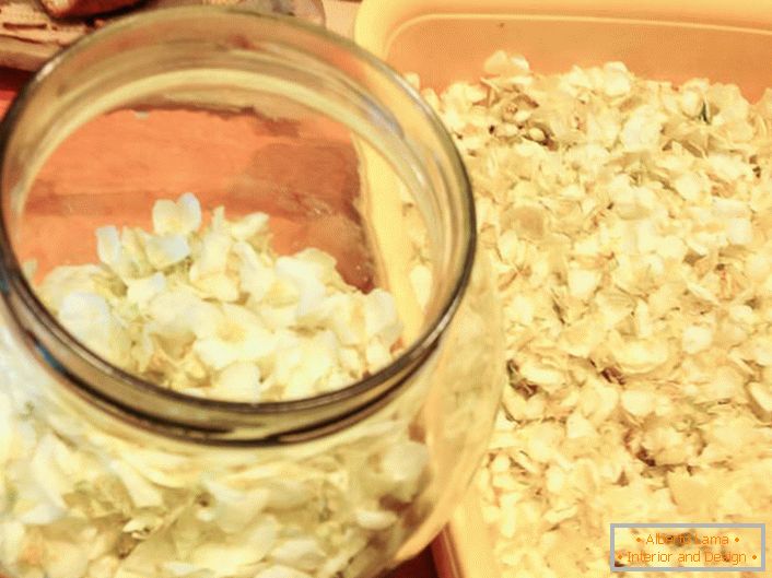 За подготовката на жасминов сироп ние събираме само белите венчелистчета и, без да ги изсушаваме, добавяме слоевете чрез изливане на захарта.