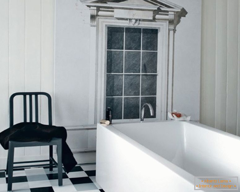 black-and-white-traditional-interior-баняroom-design-white-corian-square-баняtub-black-and-white-floor-tile-vintage-plastic-stool-white-wood-frame-window-black-and-white-баняroom-ideas-interior-баня