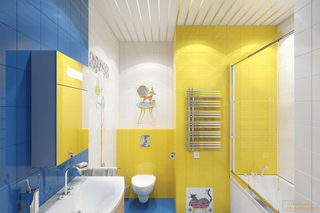 Синьо, жълто и бяло в интериора на банята