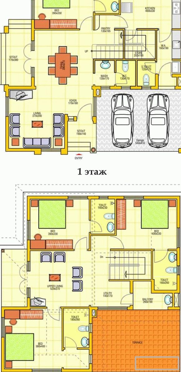 Планът на двуетажна частна къща с гараж