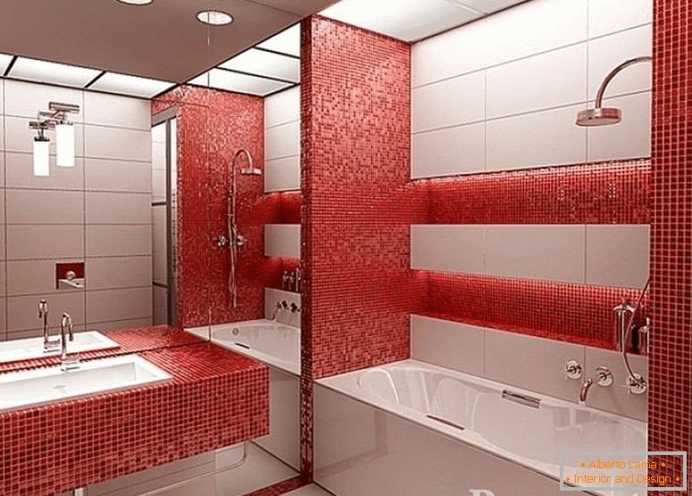 Червена мозайка в банята