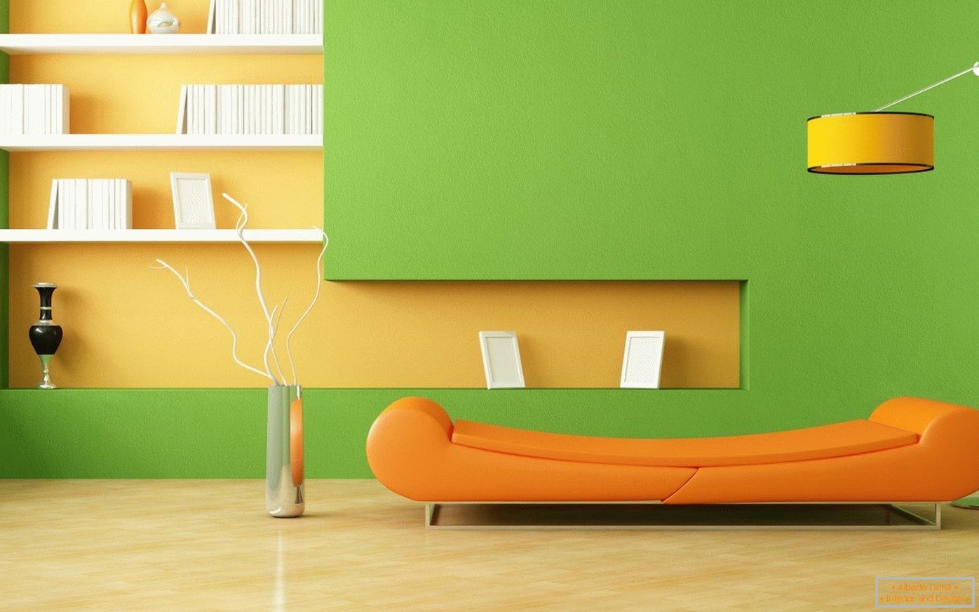Оранжев диван и зелени стени